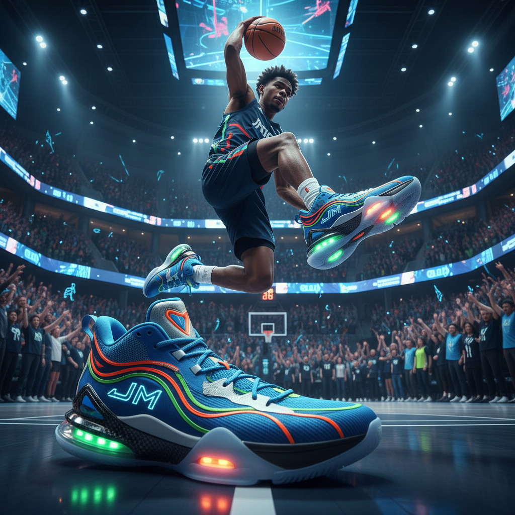 alt_text: Ja Morant soars for a dunk, showcasing futuristic, bold sneakers on a vibrant, energy-filled court.