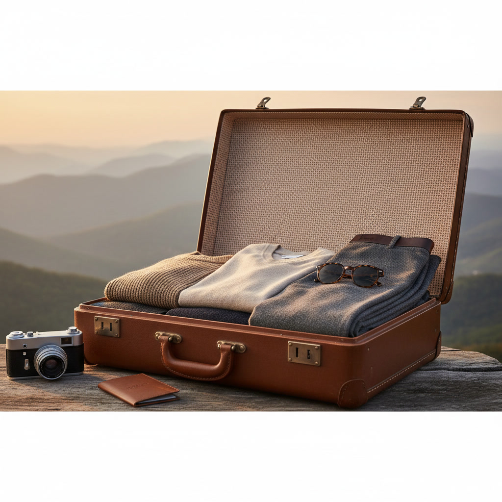 Merino wool clothes and travel gear in a vintage suitcase by a mountain sunset.
