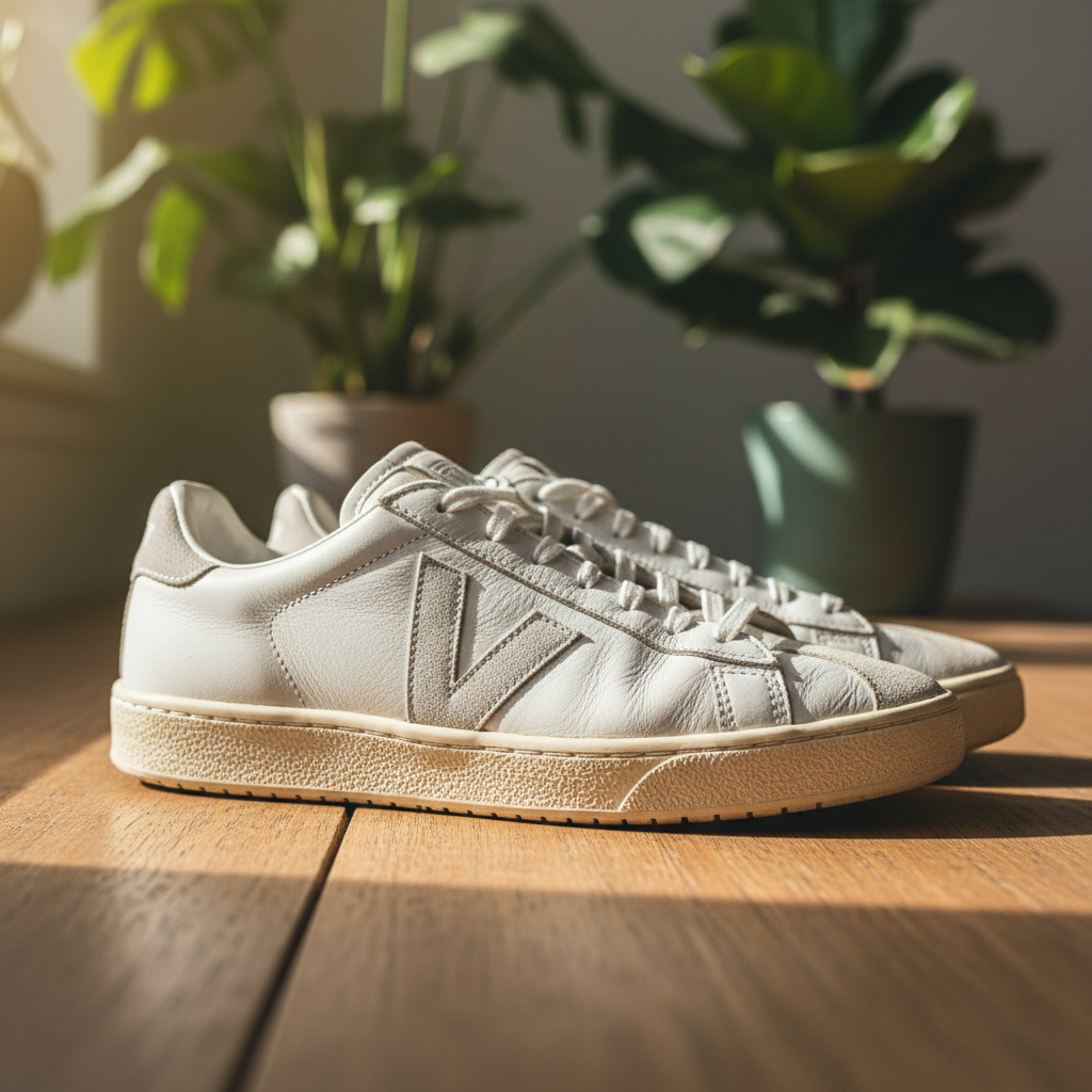 Slightly worn Veja sneakers on wood near green plants in soft, warm natural sunlight.