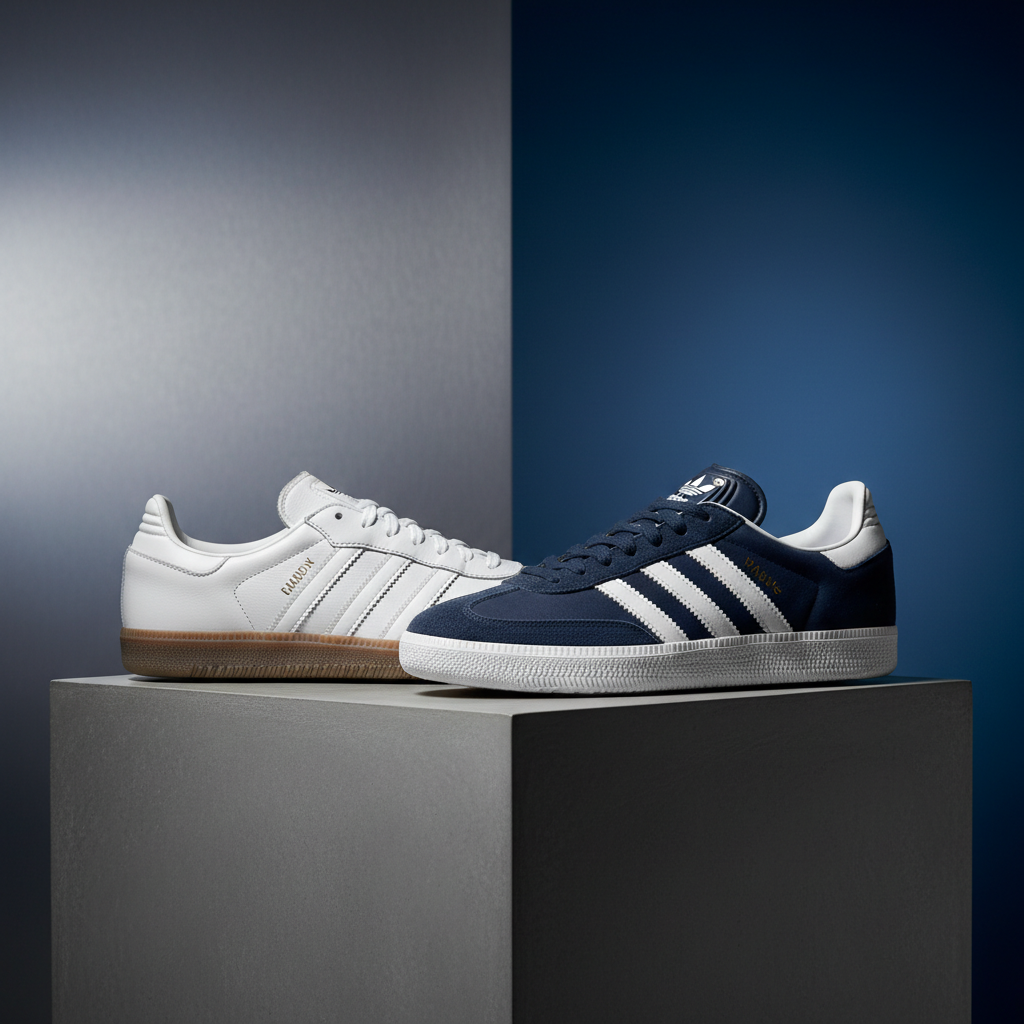 Adidas Samba and Gazelle sneakers on a dark pedestal with a sleek silver and blue gradient.