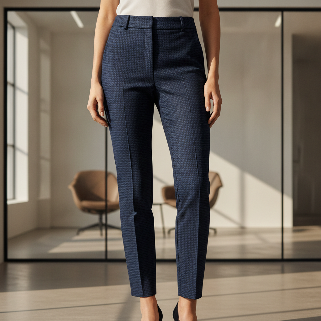 Professional woman in tailored navy and grey work pants in a modern office.