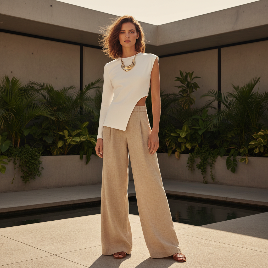 Stylish model in beige wide-leg linen pants and asymmetric top in a courtyard.