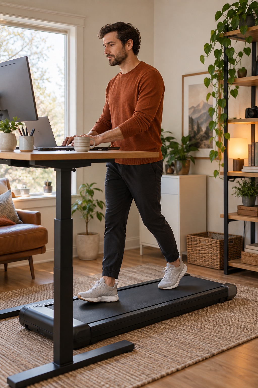 Person walking on an unbranded walking pad at a standing desk