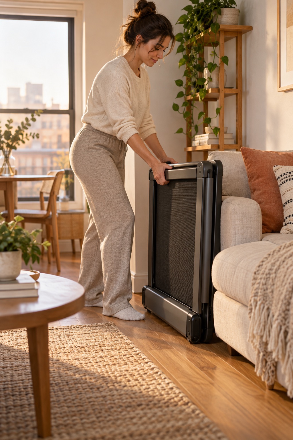 Person storing an unbranded folding treadmill beside a sofa