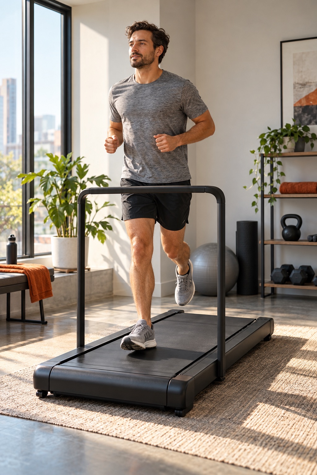 Person jogging on an unbranded compact treadmill at home