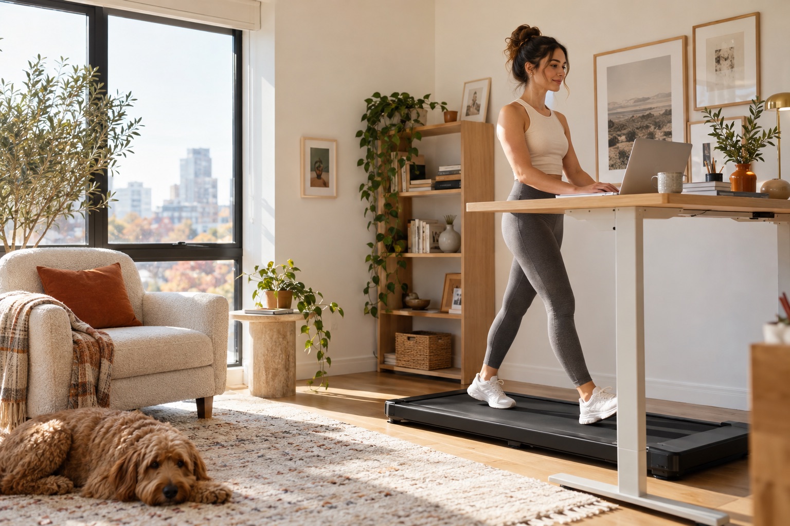 Person using an unbranded walking pad in a bright home office