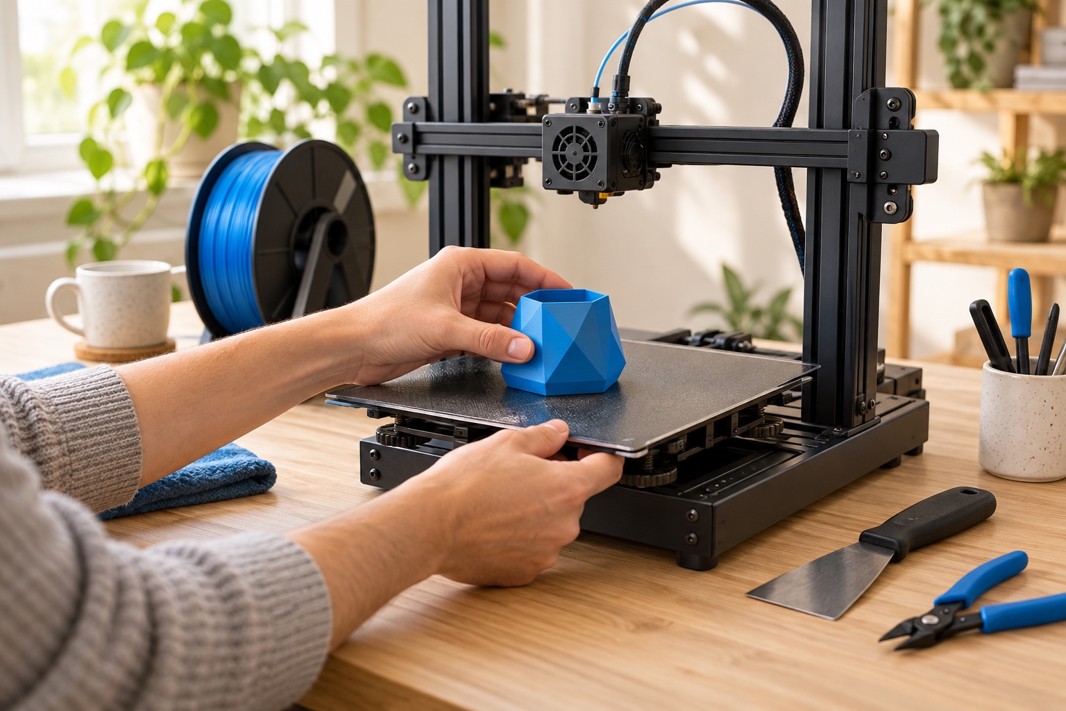 Maker lifting a first geometric print from an unbranded desktop 3D printer