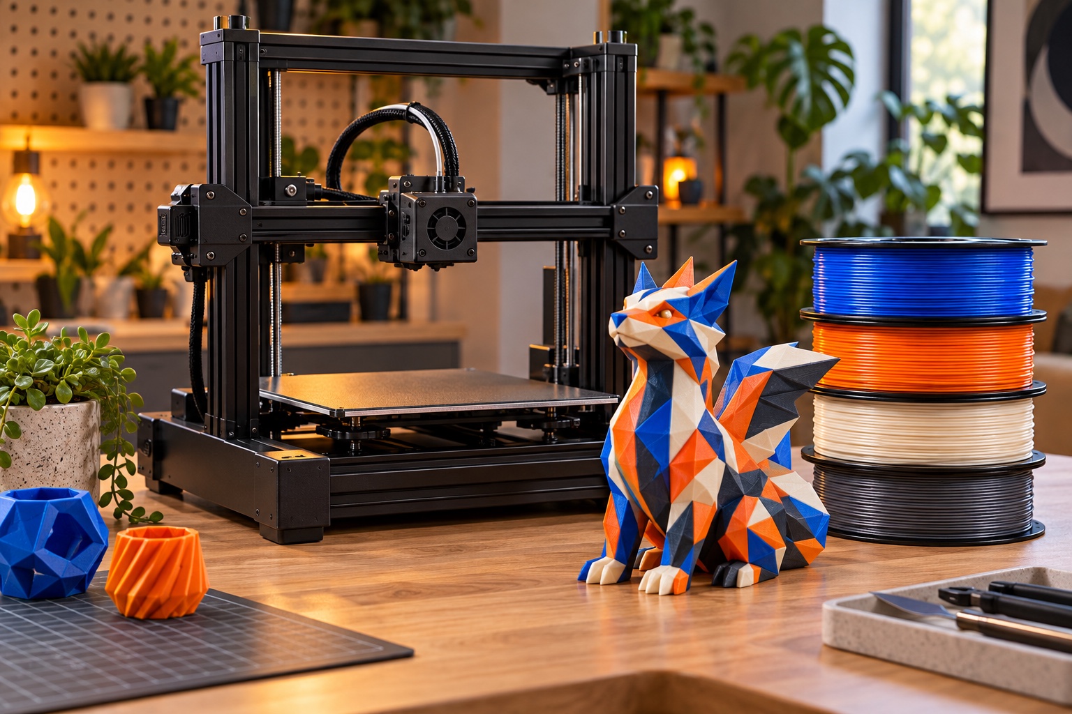 Unbranded 3D printer beside a colorful geometric model and filament spools
