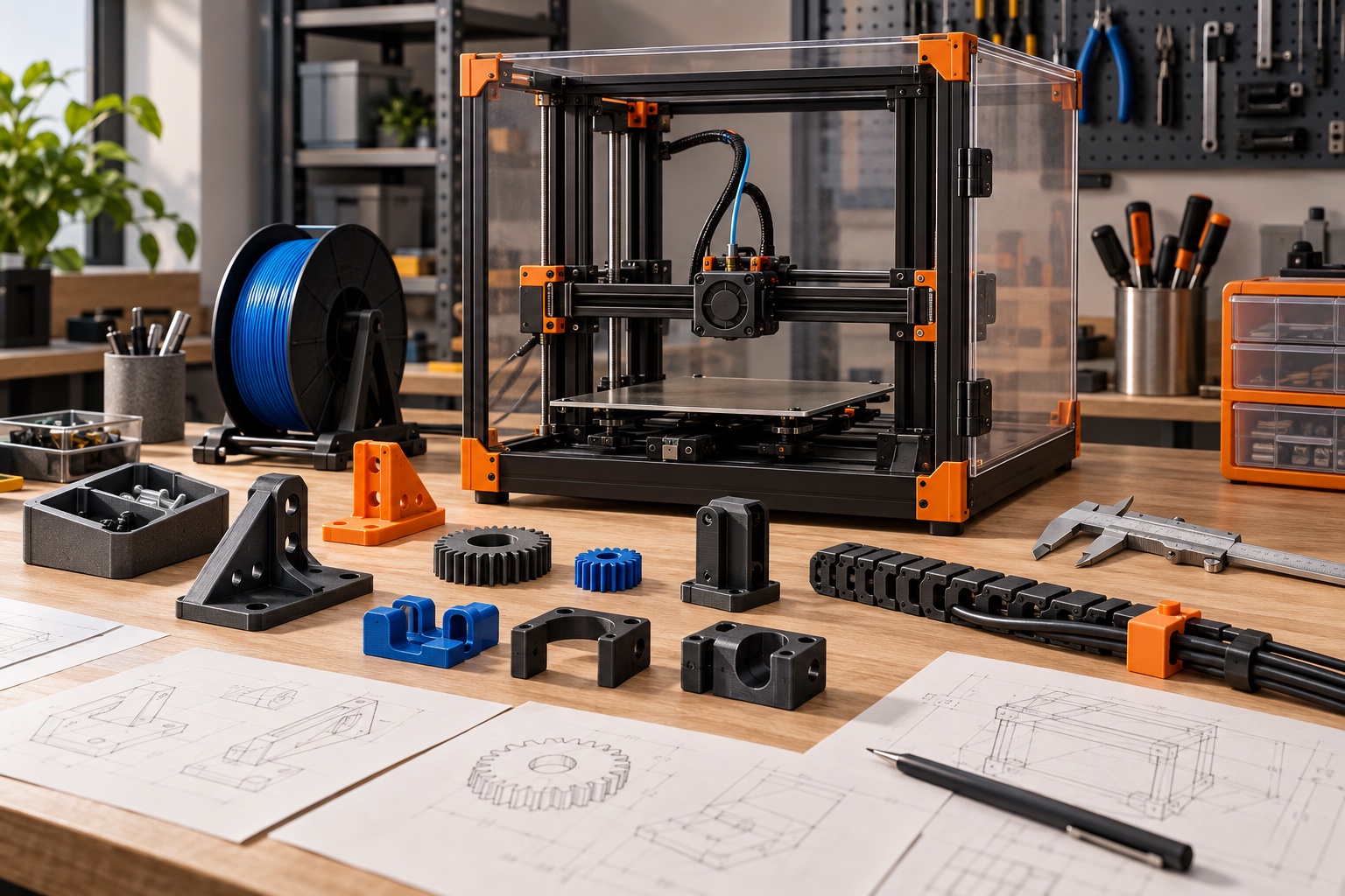 Unbranded 3D printer with prototype brackets, gears, calipers, and technical sketches