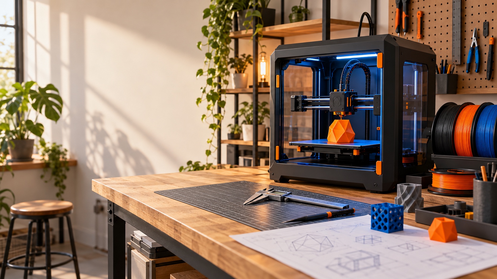Unbranded desktop 3D printer on an organized maker workbench